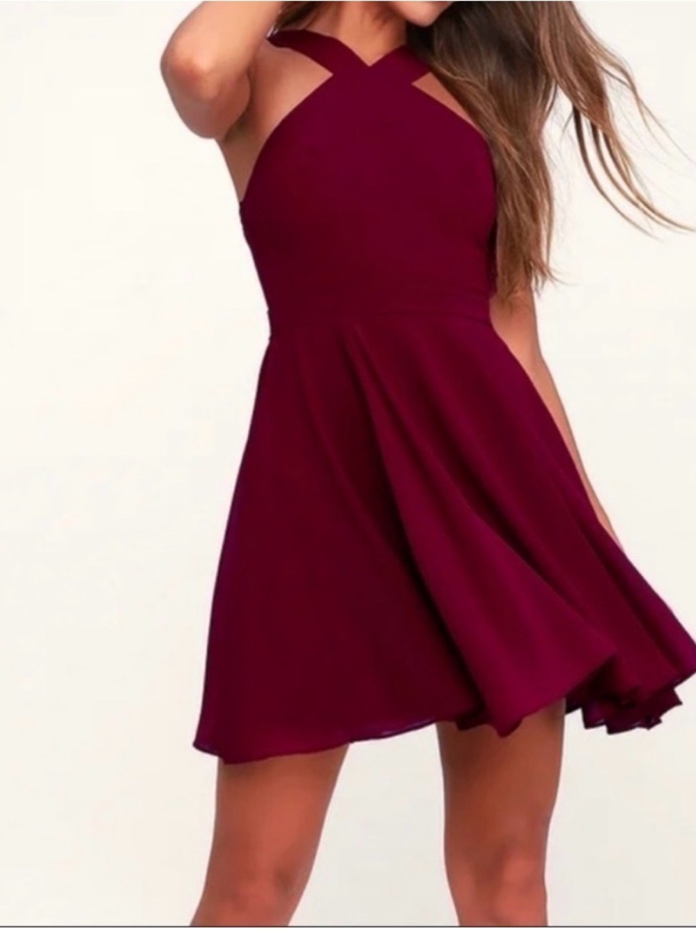 Lulu's Burgundy Crisscross Halter Skater Dress